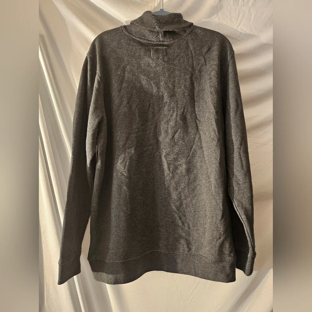 Old Navy shawl‎ collar pullover sweatshirt in a heathered charcoal gray.